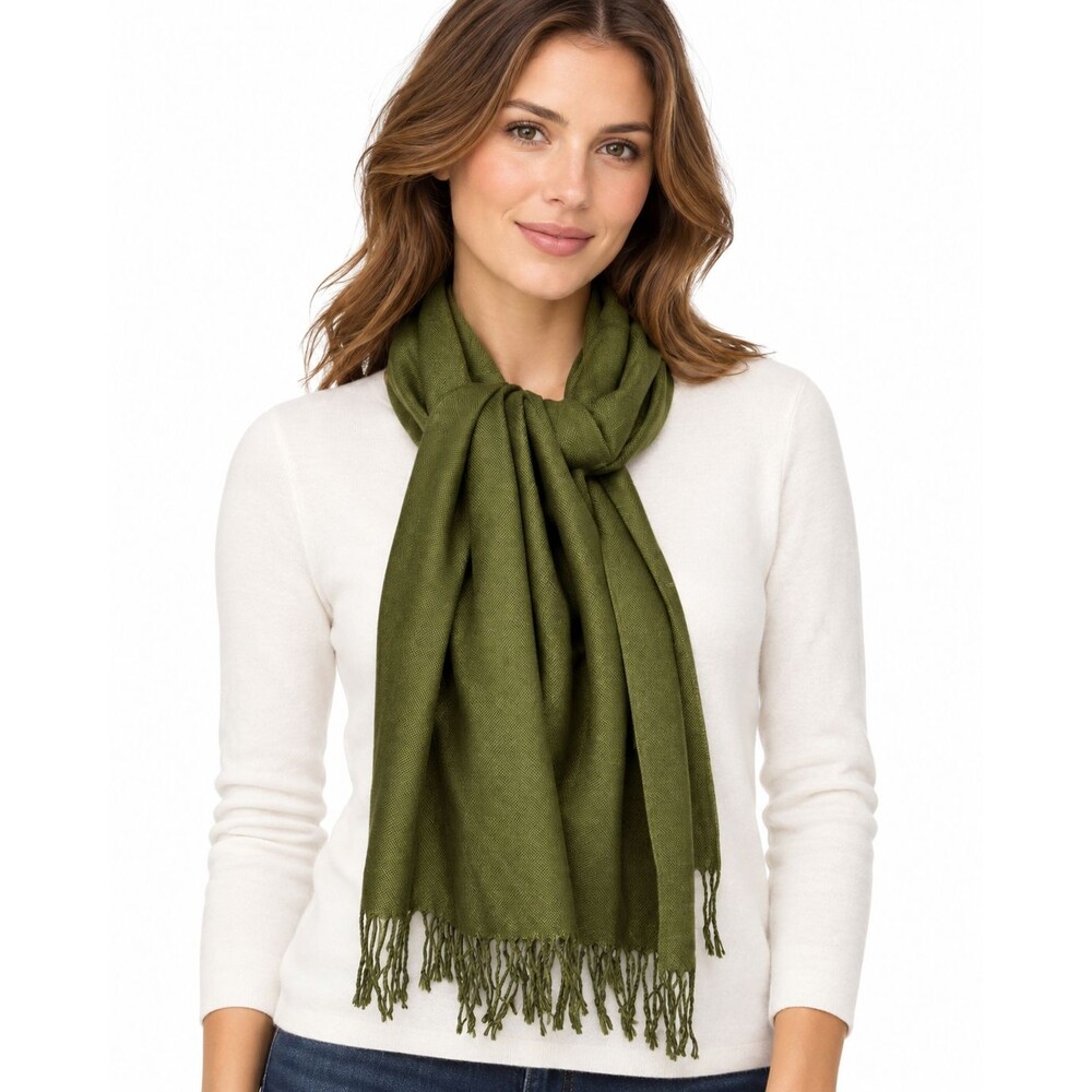 Pashmina 100% Pashmina Scarf Shawl Olive Wrap Green Solid Fringed 72"x28" NWOT
